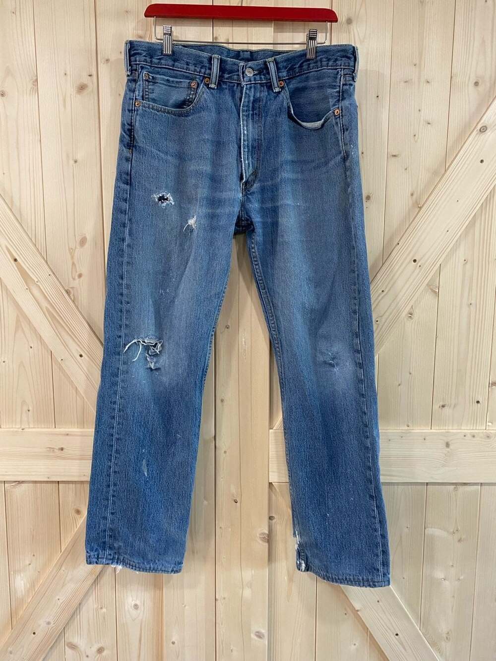 Levi's 505 Distressed Straight Leg Denim Jeans Blue 34 x 36